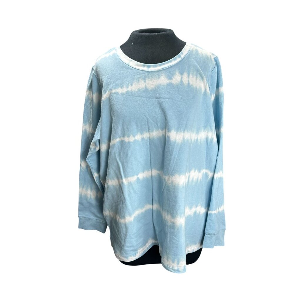 D&Co. Womens Tie-Dye Long-Sleeve Top 1X Blue White Stretch Cotton Blend Casual